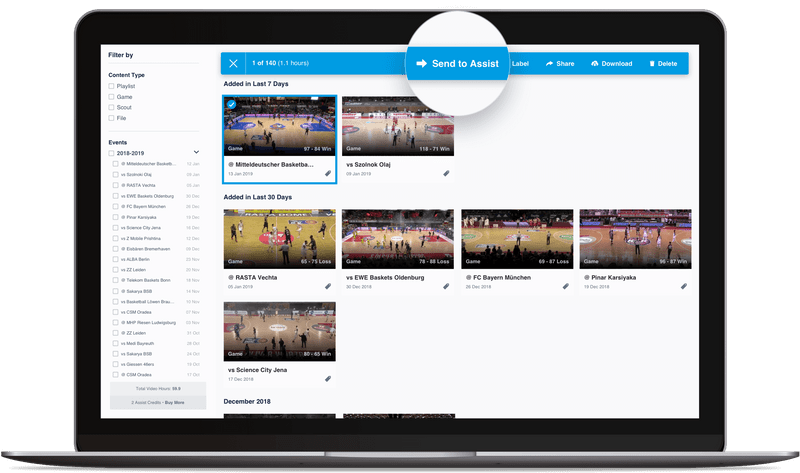 Hudl video library highlighting send to Assist functionality