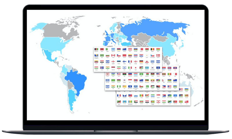 Bandeiras do mundo inteiro e mapa mundial na tela de um laptop